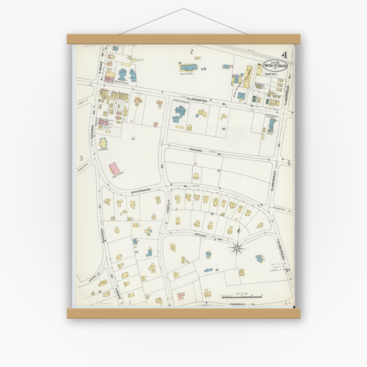Old map wall art mockup — magnetic wood frame on white wall — Sanborn Fire Insurance Map from Wayne, Delaware County, Pennsylvania (1902), Sheet #0004