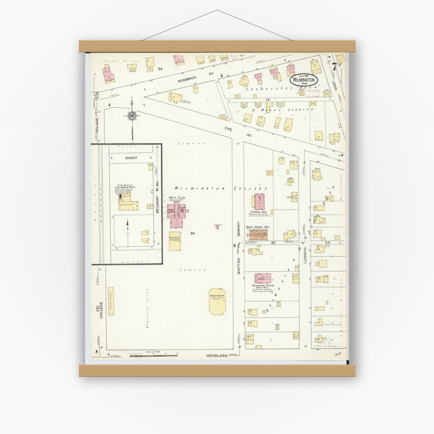 Old map wall art mockup — magnetic wood frame on white wall — Sanborn Fire Insurance Map from Wilmington, Clinton County, Ohio (1914), Sheet #0007