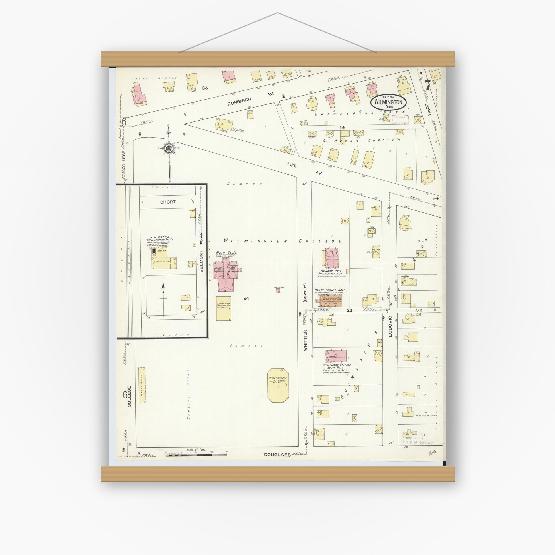 Old map wall art mockup — magnetic wood frame on white wall — Sanborn Fire Insurance Map from Wilmington, Clinton County, Ohio (1914), Sheet #0007