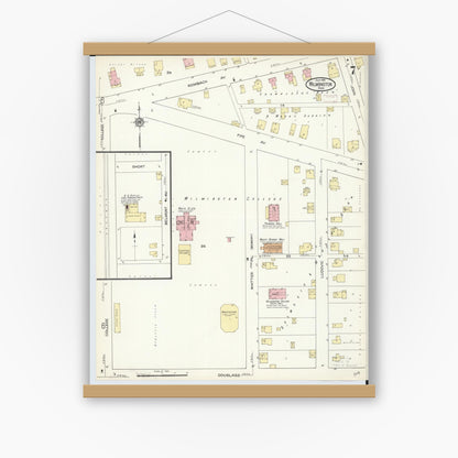 Old map wall art mockup — magnetic wood frame on white wall — Sanborn Fire Insurance Map from Wilmington, Clinton County, Ohio (1914), Sheet #0007