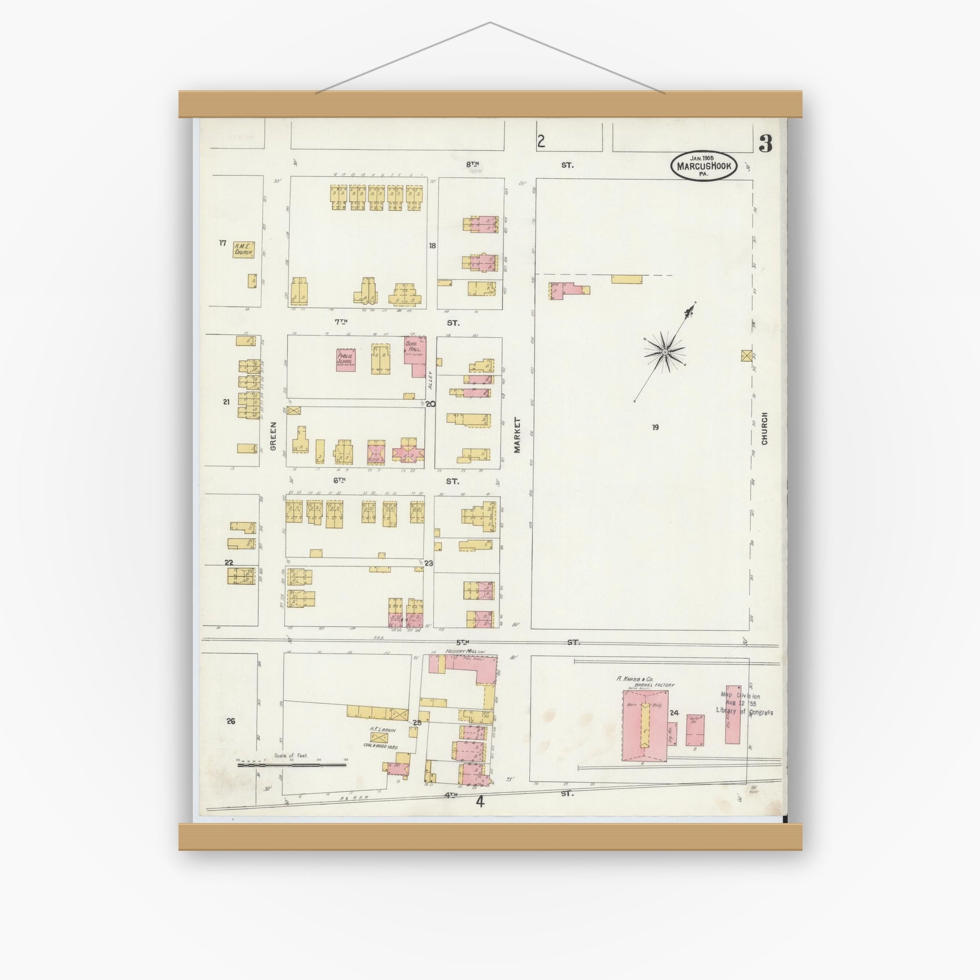 Old map wall art mockup — magnetic wood frame on white wall — Sanborn Fire Insurance Map from Marcus Hook, Chester County, Pennsylvania (1905), Sheet #0003
