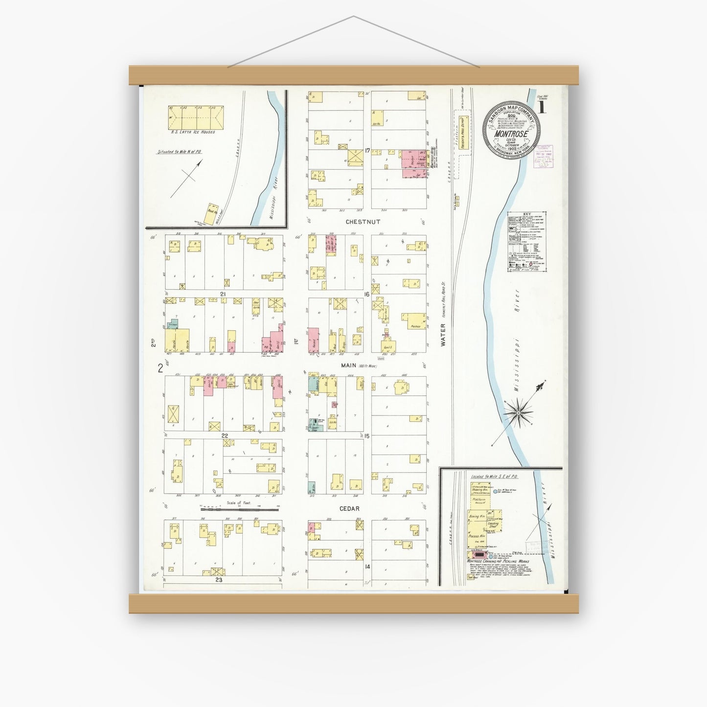 Old map wall art mockup — magnetic wood frame on white wall — Sanborn Fire Insurance Map from Montrose, Lee County, Iowa (1902) â€” Complete Set