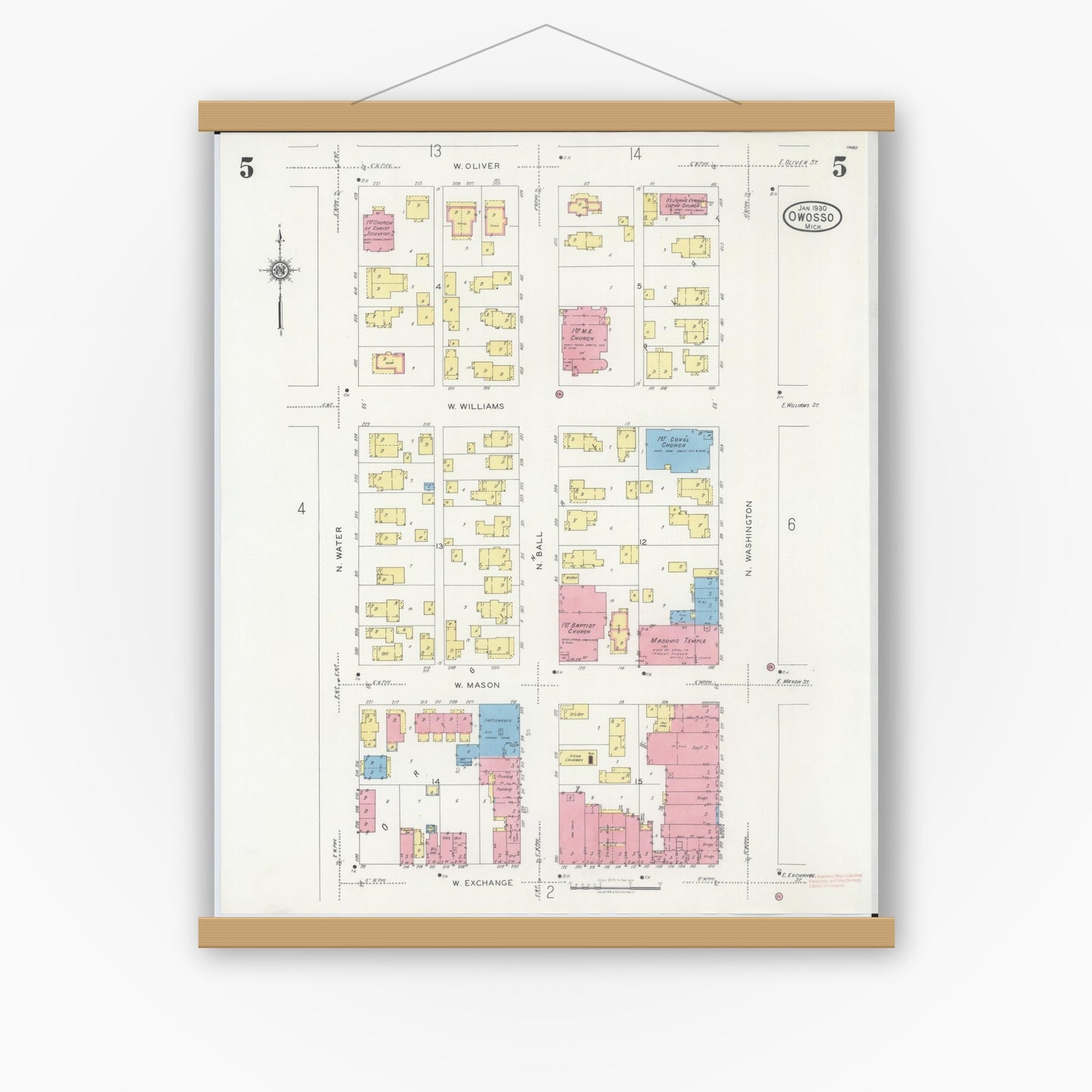 Old map wall art mockup — magnetic wood frame on white wall — Sanborn Fire Insurance Map from Owosso, Shiawassee County, Michigan (1930), Sheet #0005