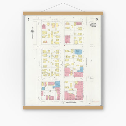 Old map wall art mockup — magnetic wood frame on white wall — Sanborn Fire Insurance Map from Owosso, Shiawassee County, Michigan (1930), Sheet #0005