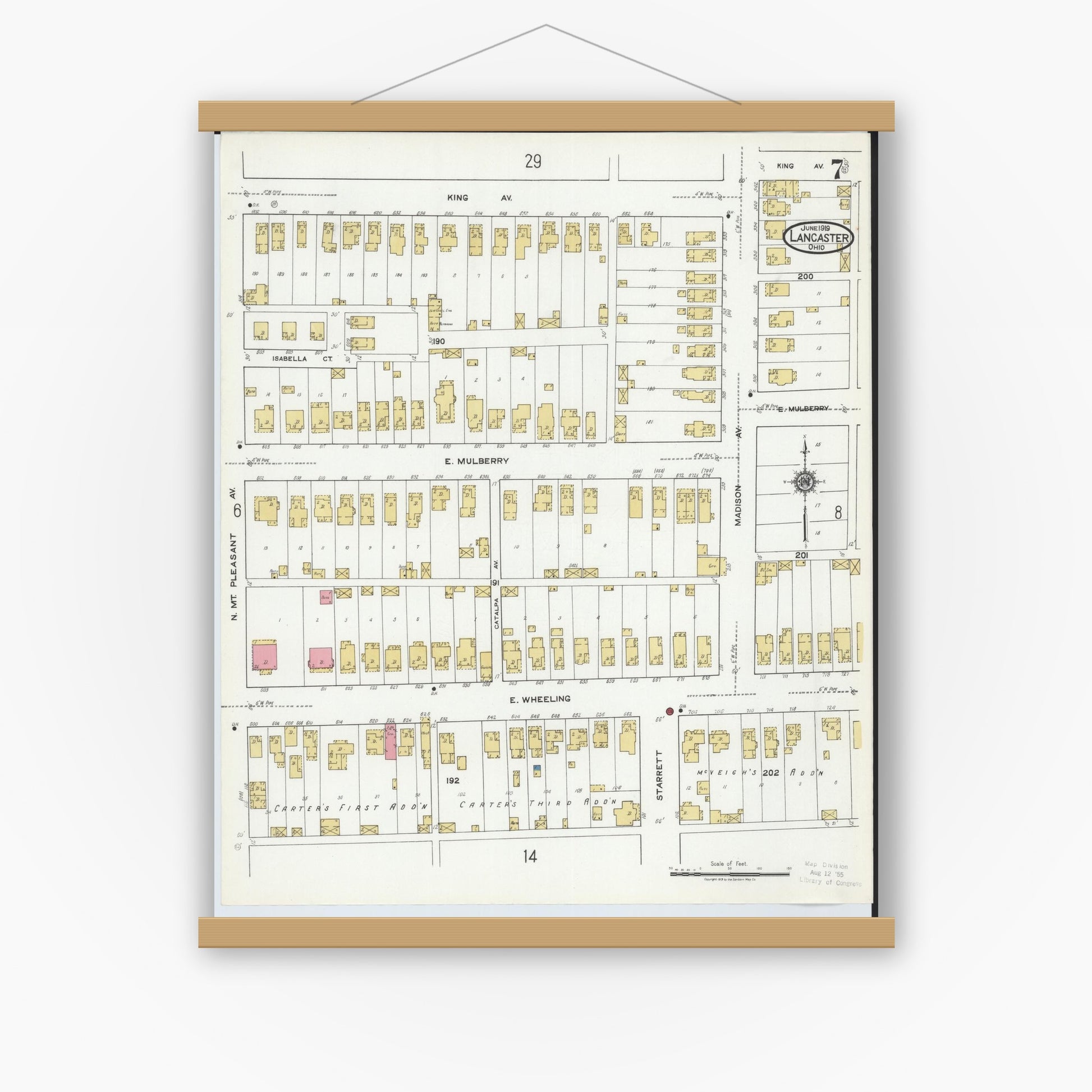 Old map wall art mockup — magnetic wood frame on white wall — Sanborn Fire Insurance Map from Lancaster, Fairfield County, Ohio (1919), Sheet #0007