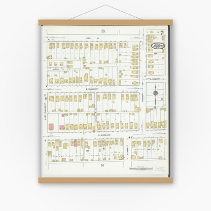 Old map wall art mockup — magnetic wood frame on white wall — Sanborn Fire Insurance Map from Lancaster, Fairfield County, Ohio (1919), Sheet #0007