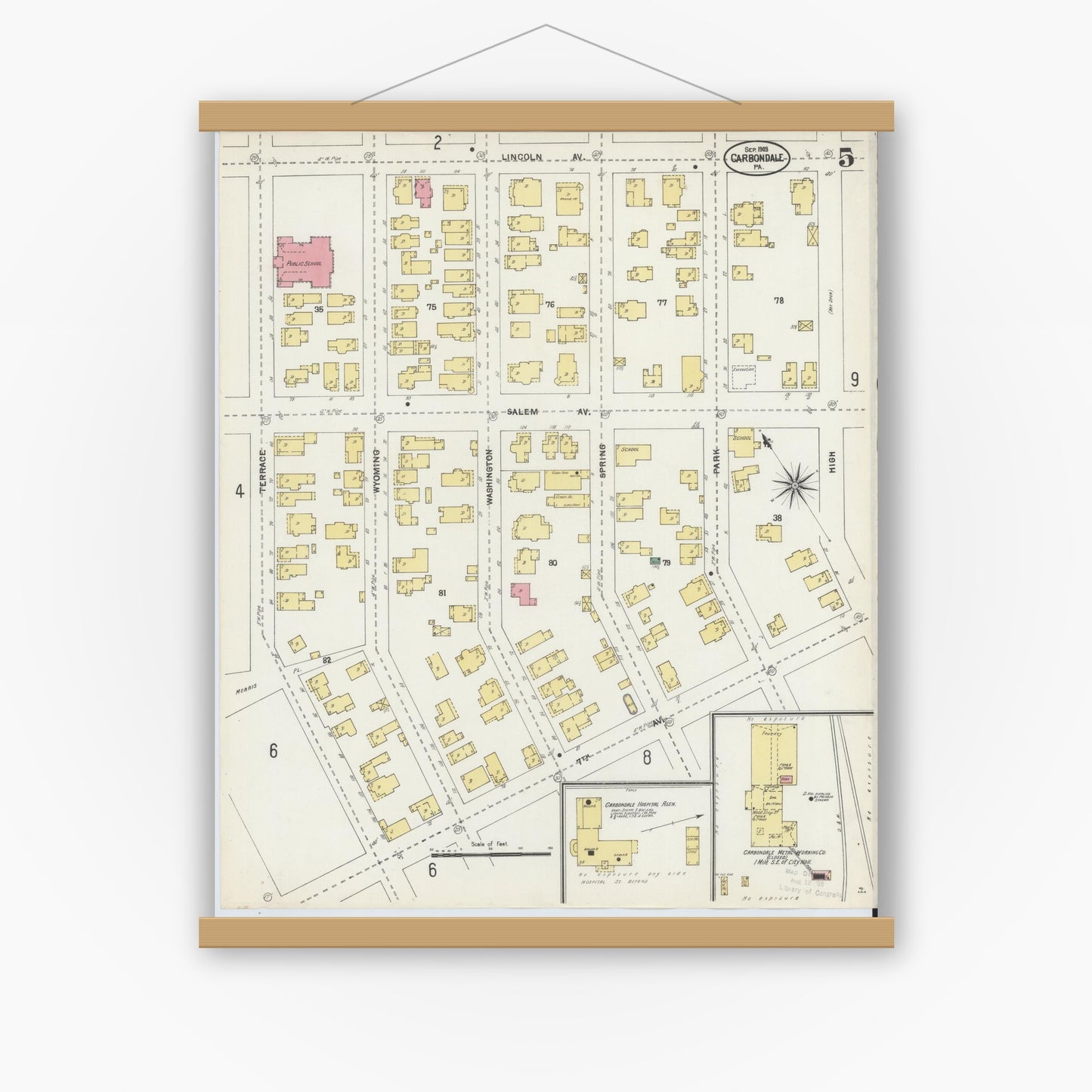 Old map wall art mockup — magnetic wood frame on white wall — Sanborn Fire Insurance Map from Carbondale, Lackawanna County, Pennsylvania (1903), Sheet #0005