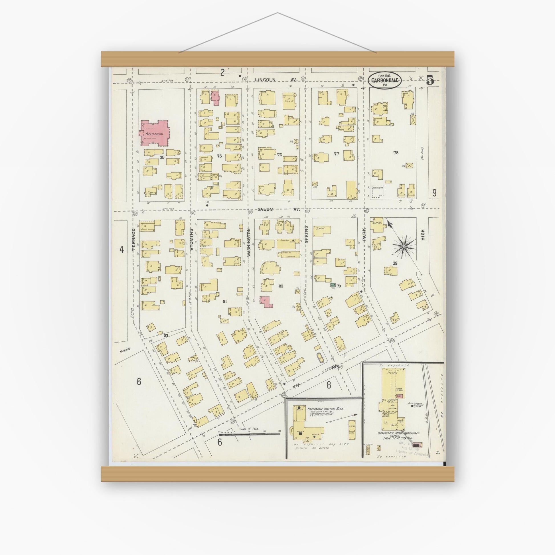 Old map wall art mockup — magnetic wood frame on white wall — Sanborn Fire Insurance Map from Carbondale, Lackawanna County, Pennsylvania (1903), Sheet #0005
