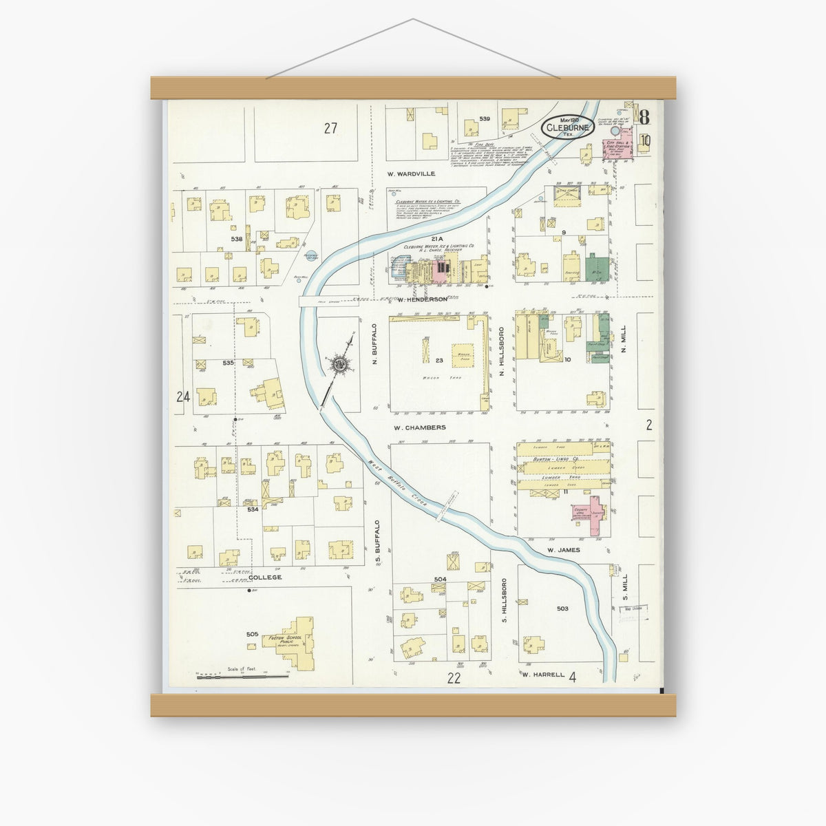 Old map wall art mockup — magnetic wood frame on white wall — Sanborn Fire Insurance Map from Cleburne, Johnson County, Texas (1910), Sheet #0008