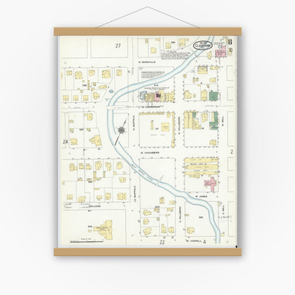 Old map wall art mockup — magnetic wood frame on white wall — Sanborn Fire Insurance Map from Cleburne, Johnson County, Texas (1910), Sheet #0008