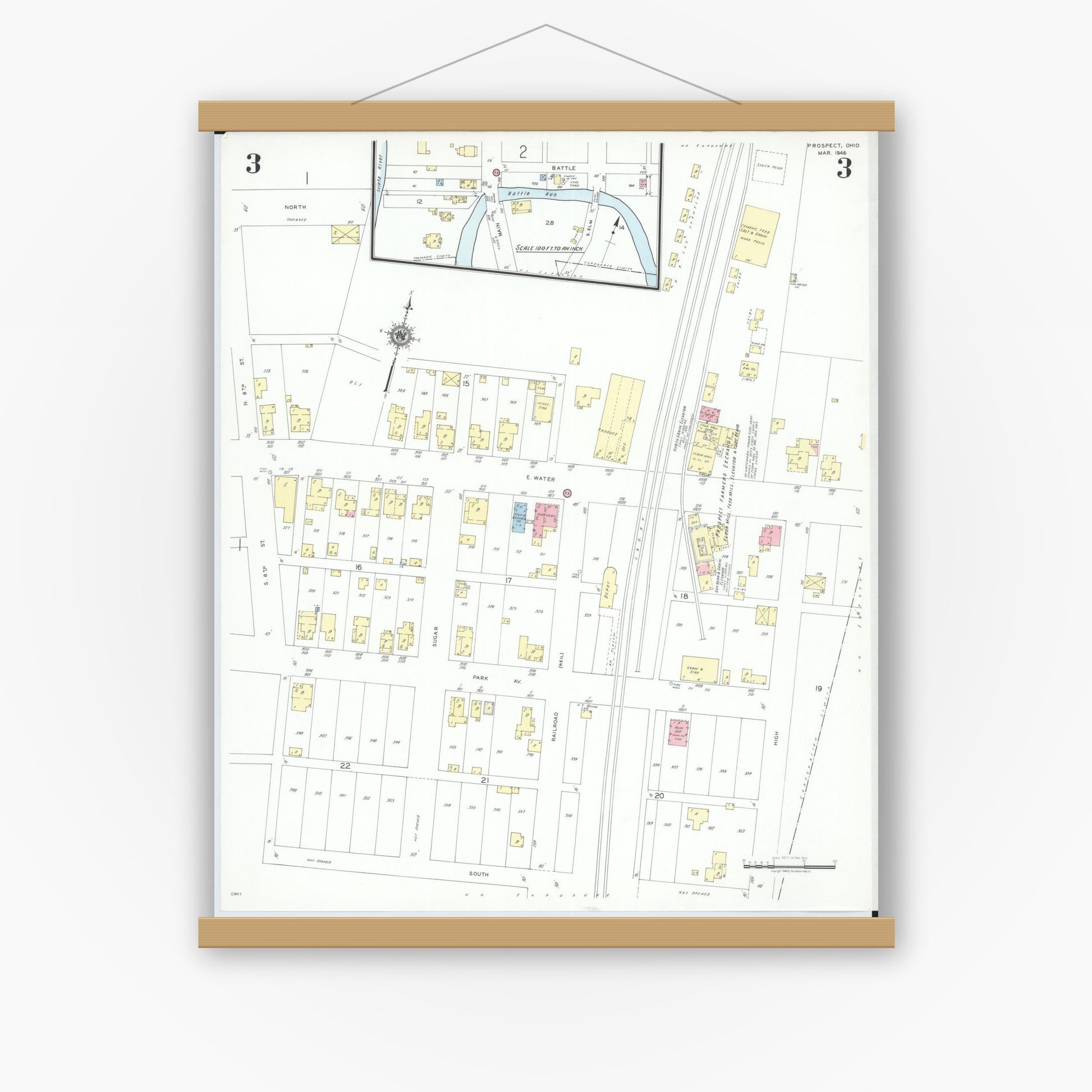 Old map wall art mockup — magnetic wood frame on white wall — Sanborn Fire Insurance Map from Prospect, Marion County, Ohio (1946), Sheet #0003