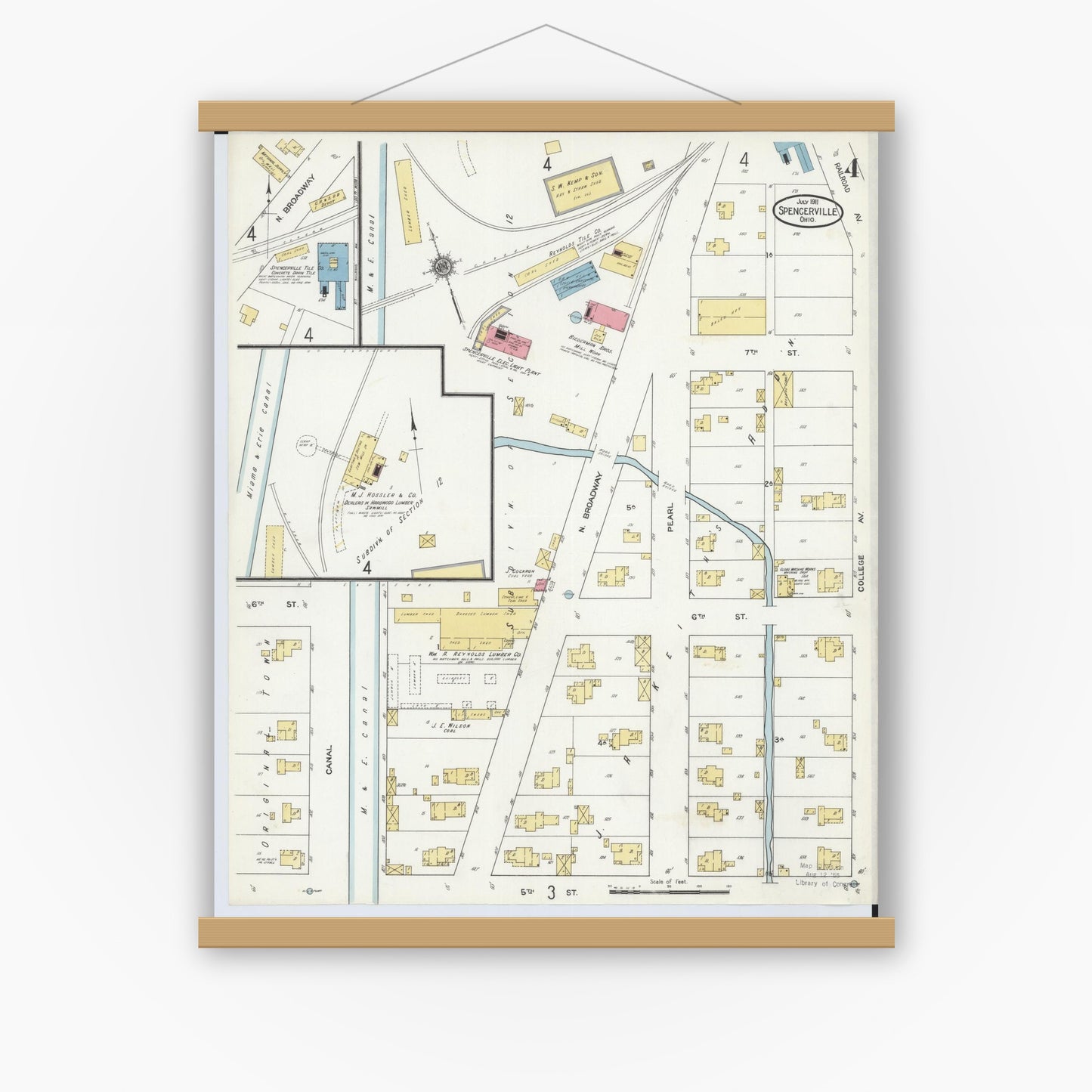 Old map wall art mockup — magnetic wood frame on white wall — Sanborn Fire Insurance Map from Spencerville, Allen County, Ohio (1911), Sheet #0004