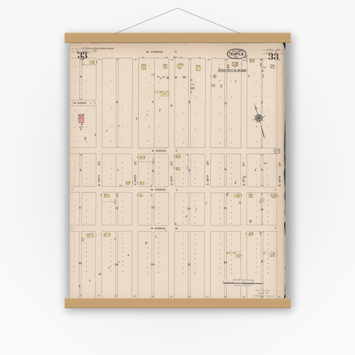 Old map wall art mockup — magnetic wood frame on white wall — Sanborn Fire Insurance Map from Temple, Bell County, Texas (1922), Sheet #0033