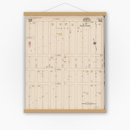 Old map wall art mockup — magnetic wood frame on white wall — Sanborn Fire Insurance Map from Temple, Bell County, Texas (1922), Sheet #0033