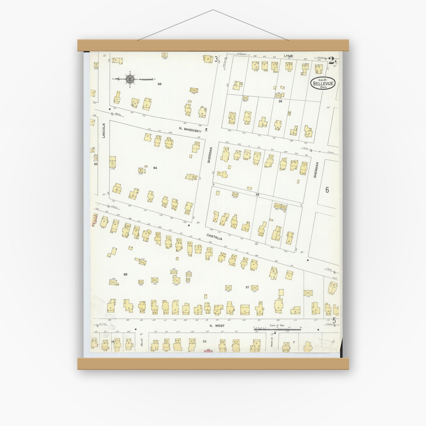 Old map wall art mockup — magnetic wood frame on white wall — Sanborn Fire Insurance Map from Bellevue, Huron And Sandusky County, Ohio (1911), Sheet #0002