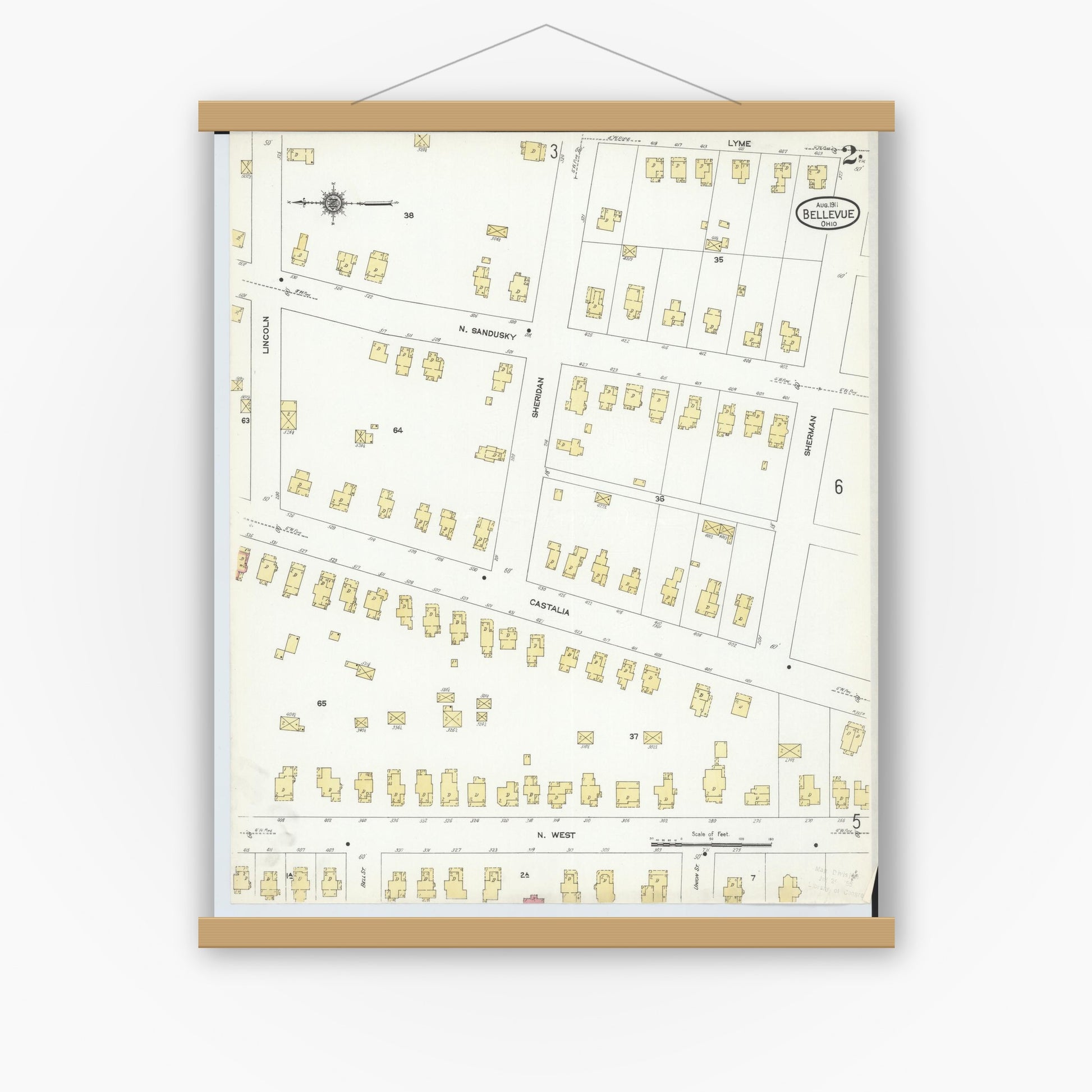 Old map wall art mockup — magnetic wood frame on white wall — Sanborn Fire Insurance Map from Bellevue, Huron And Sandusky County, Ohio (1911), Sheet #0002