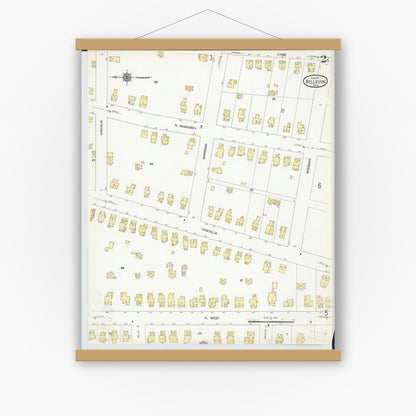 Old map wall art mockup — magnetic wood frame on white wall — Sanborn Fire Insurance Map from Bellevue, Huron And Sandusky County, Ohio (1911), Sheet #0002