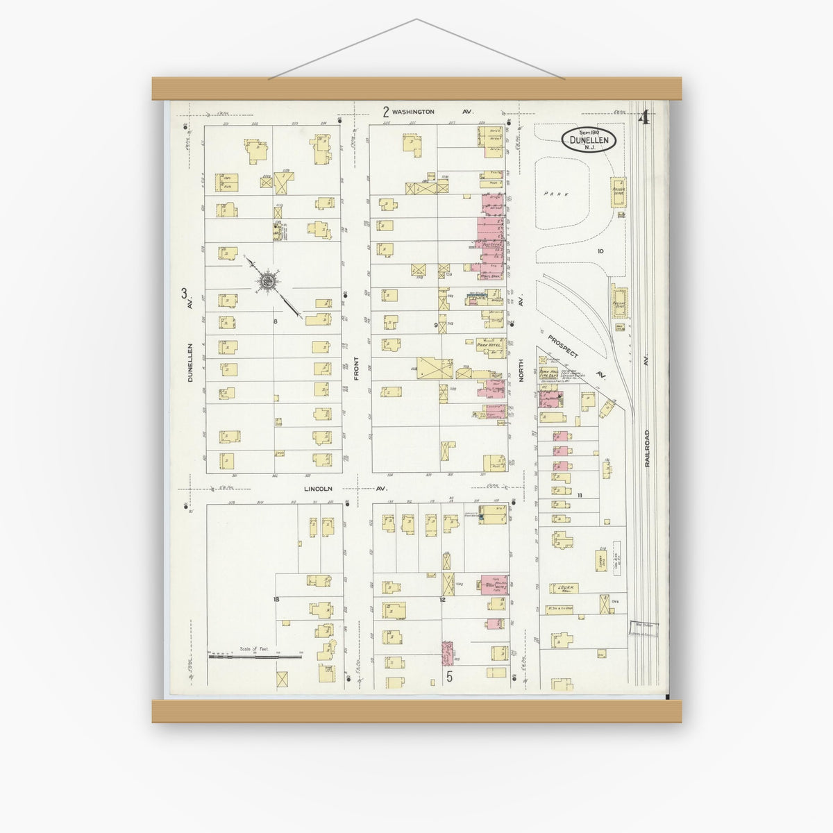 Old map wall art mockup — magnetic wood frame on white wall — Sanborn Fire Insurance Map from Dunellen, Middlesex County, New Jersey (1910), Sheet #0004