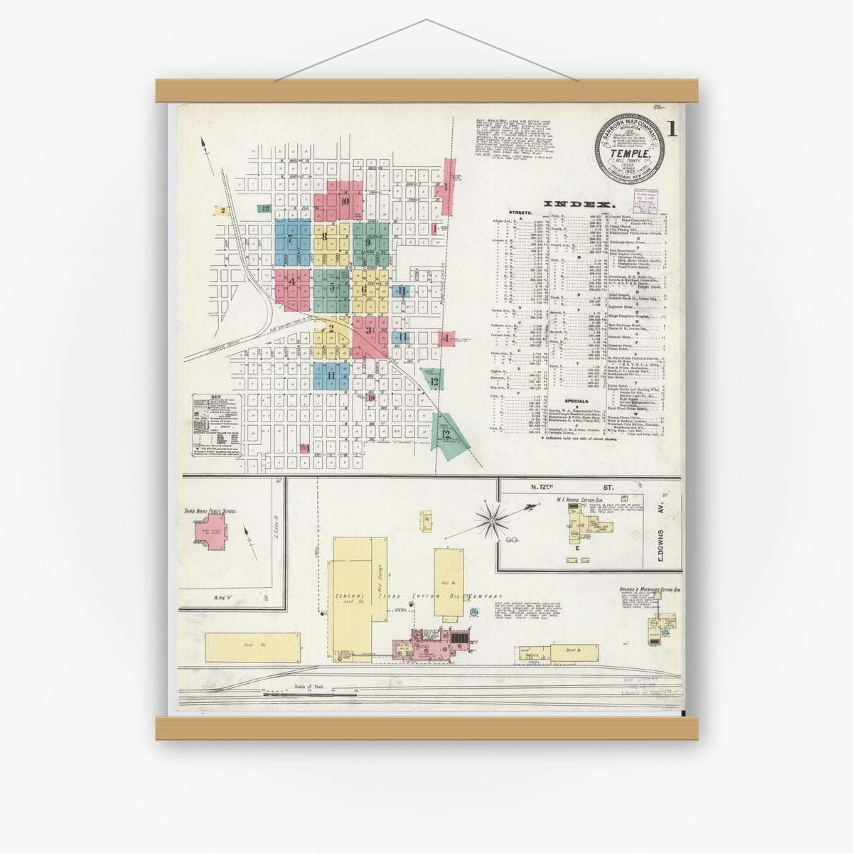 Old map wall art mockup — magnetic wood frame on white wall — Sanborn Fire Insurance Map from Temple, Bell County, Texas (1905), Sheet #0001