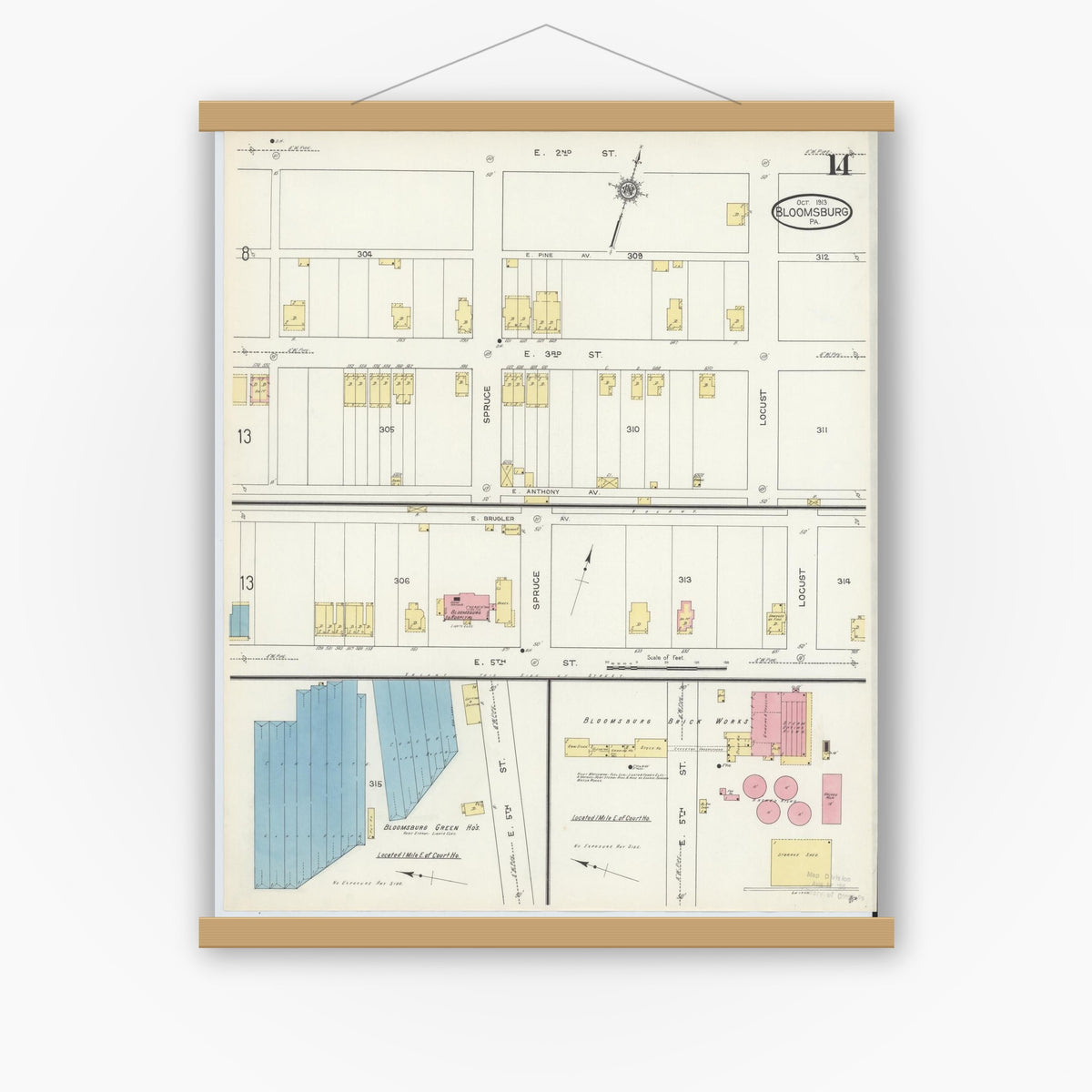 Old map wall art mockup — magnetic wood frame on white wall — Sanborn Fire Insurance Map from Bloomsburg, Columbia County, Pennsylvania (1913), Sheet #0014