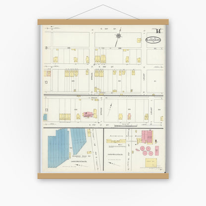 Old map wall art mockup — magnetic wood frame on white wall — Sanborn Fire Insurance Map from Bloomsburg, Columbia County, Pennsylvania (1913), Sheet #0014