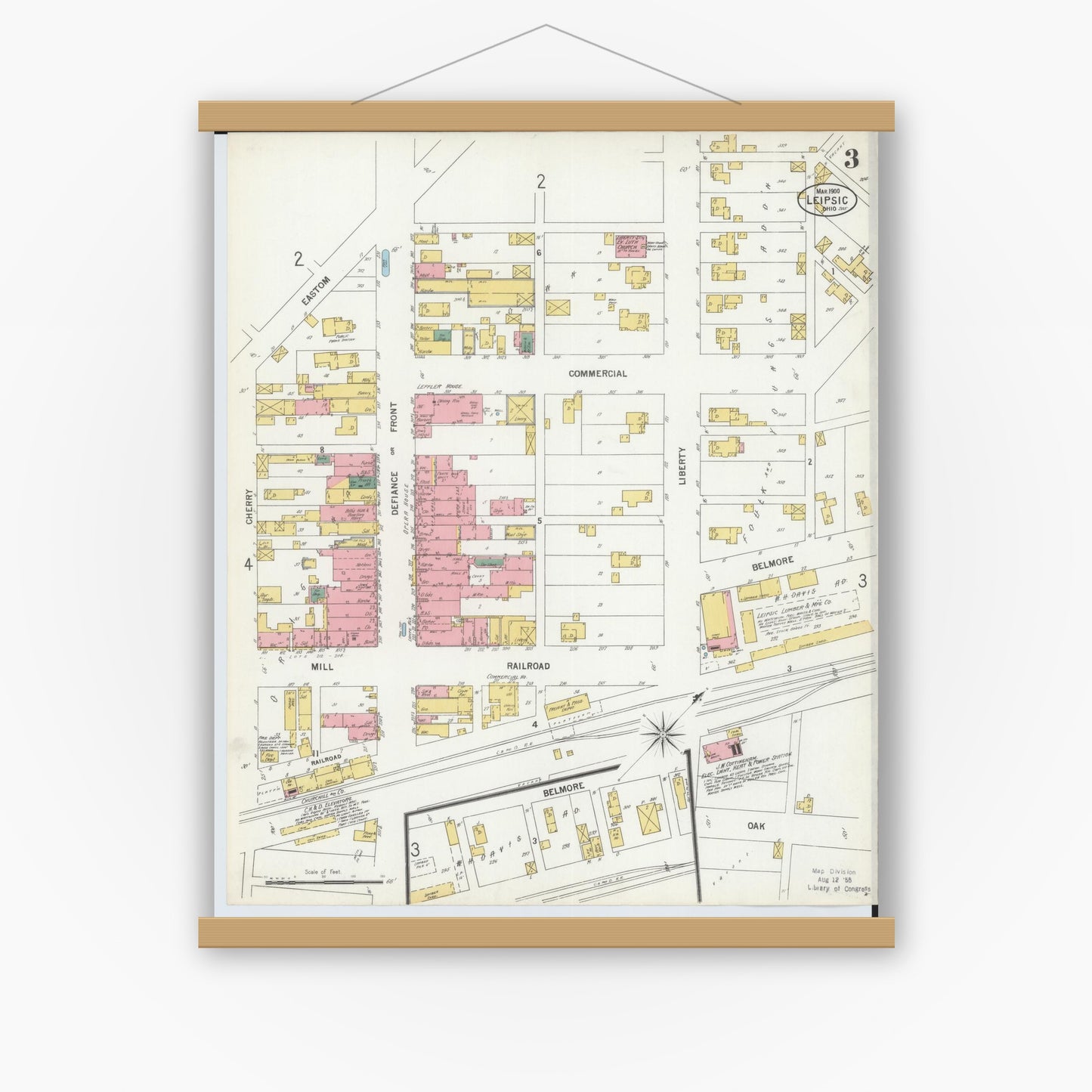 Old map wall art mockup — magnetic wood frame on white wall — Sanborn Fire Insurance Map from Leipsic, Putnam County, Ohio (1900), Sheet #0003