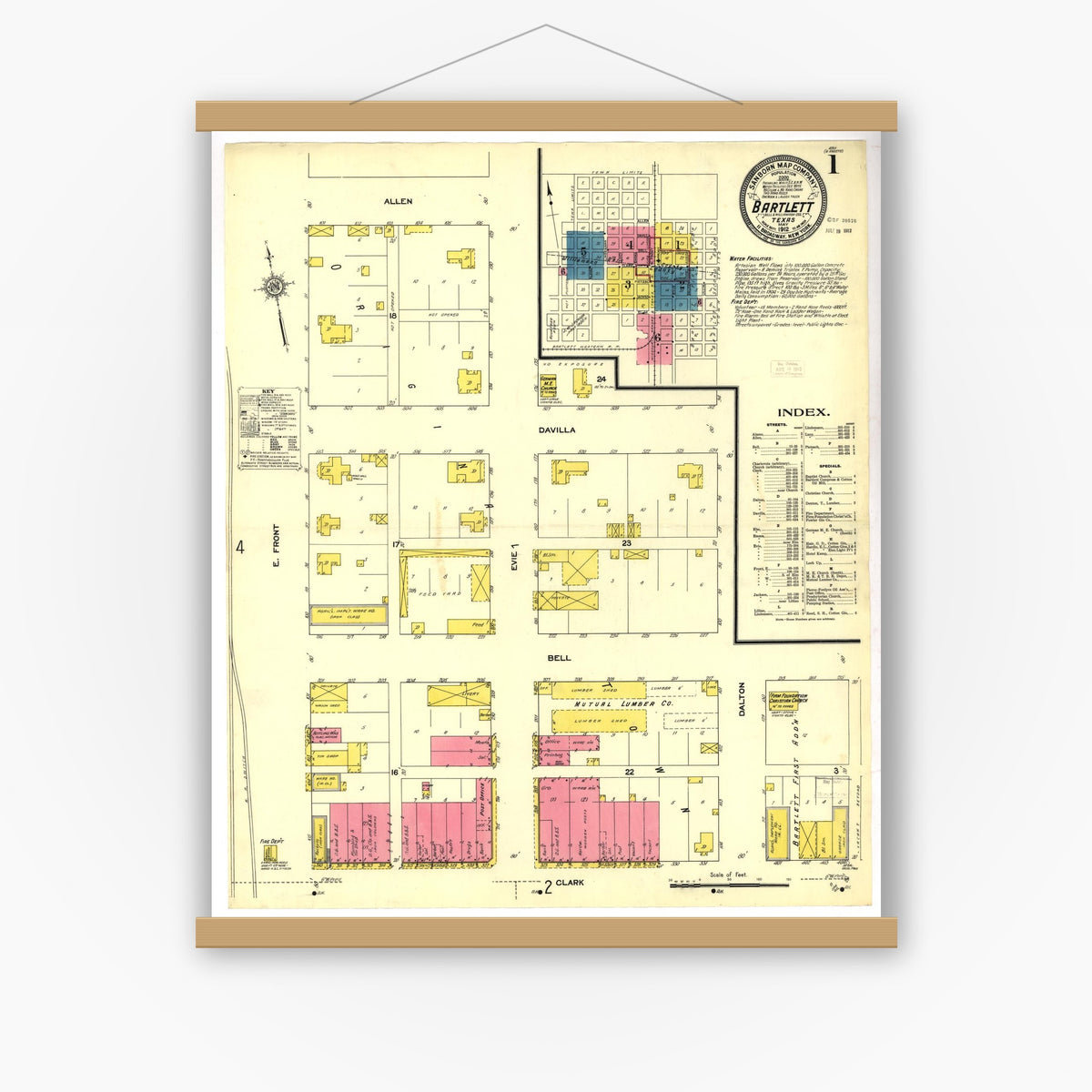 Old map wall art mockup — magnetic wood frame on white wall — Sanborn Fire Insurance Map from Bartlett, Bell and Williamson Counties, Texas (1912), Sheet #0001