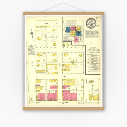 Old map wall art mockup — magnetic wood frame on white wall — Sanborn Fire Insurance Map from Bartlett, Bell and Williamson Counties, Texas (1912), Sheet #0001