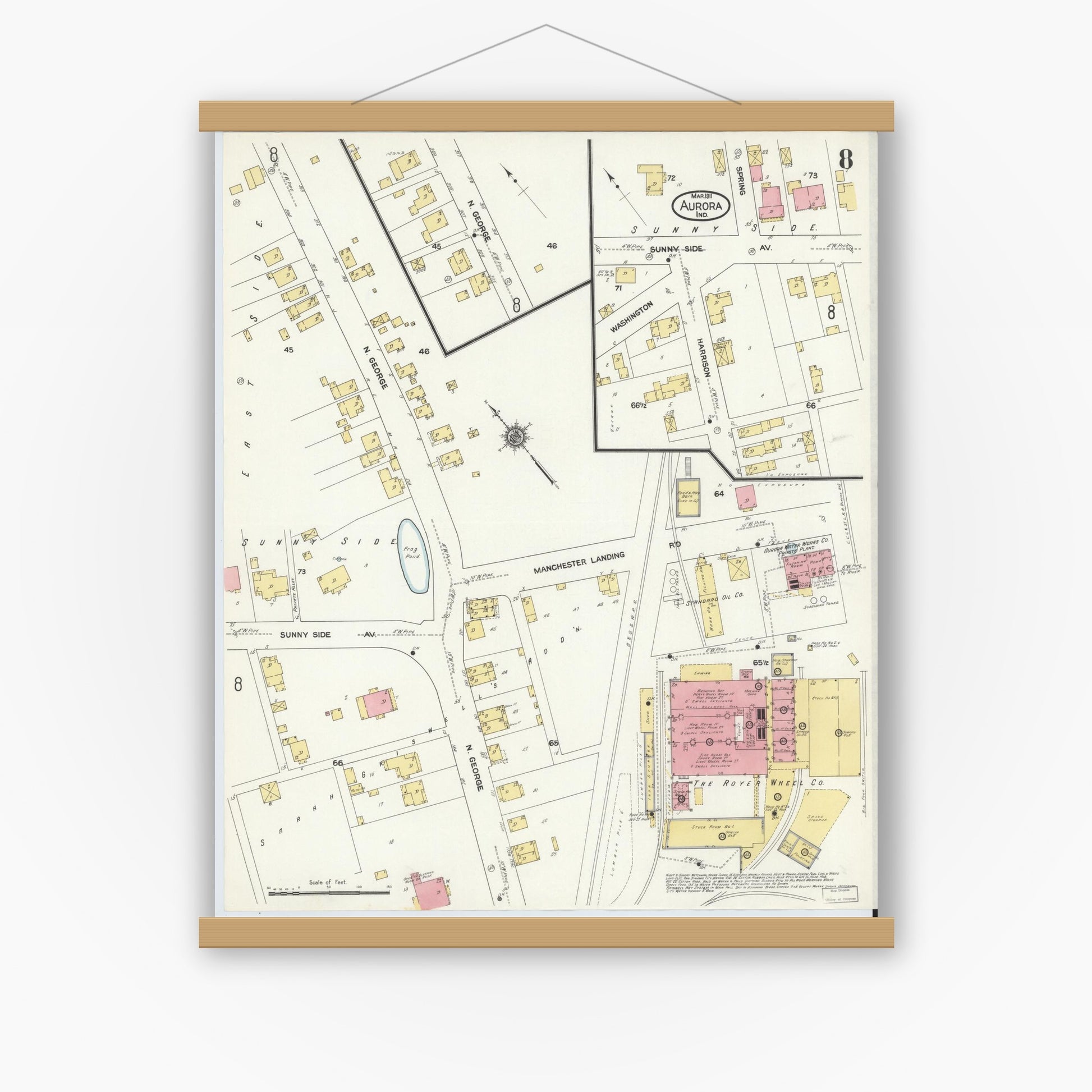Old map wall art mockup — magnetic wood frame on white wall — Sanborn Fire Insurance Map from Aurora, Dearborn County, Indiana (1911), Sheet #0008