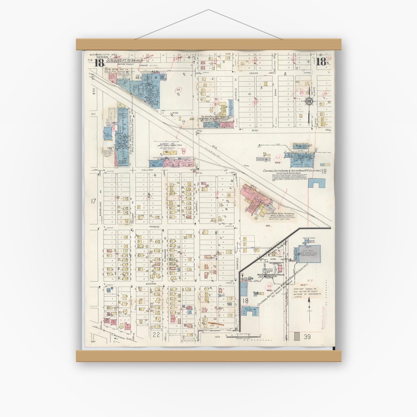 Old map wall art mockup — magnetic wood frame on white wall — Sanborn Fire Insurance Map from Michigan City, La Porte County, Indiana (1948), Sheet #0018