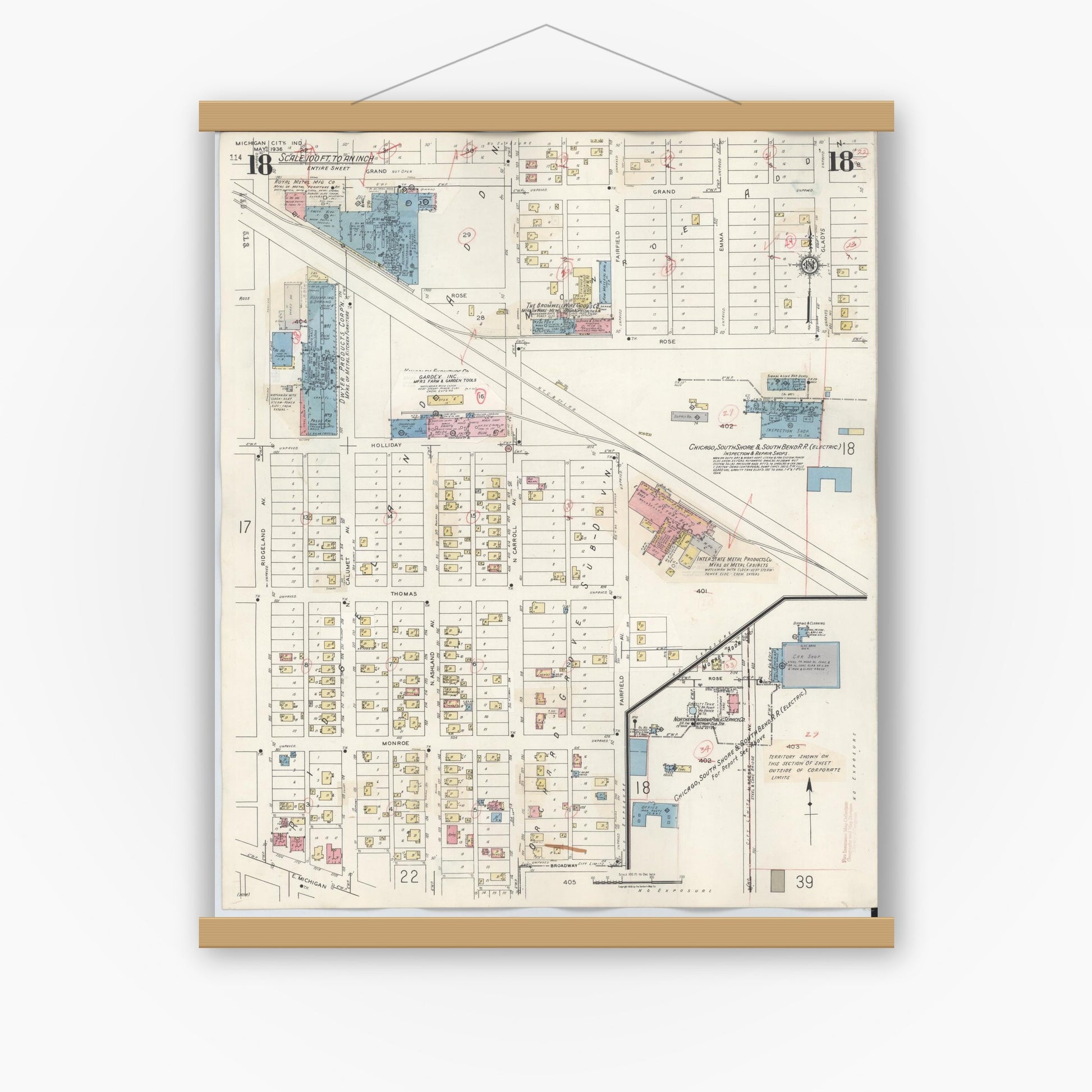 Old map wall art mockup — magnetic wood frame on white wall — Sanborn Fire Insurance Map from Michigan City, La Porte County, Indiana (1948), Sheet #0018