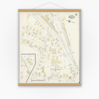 Old map wall art mockup — magnetic wood frame on white wall — Sanborn Fire Insurance Map from Wakefield, Middlesex County, Massachusetts (1915), Sheet #0006