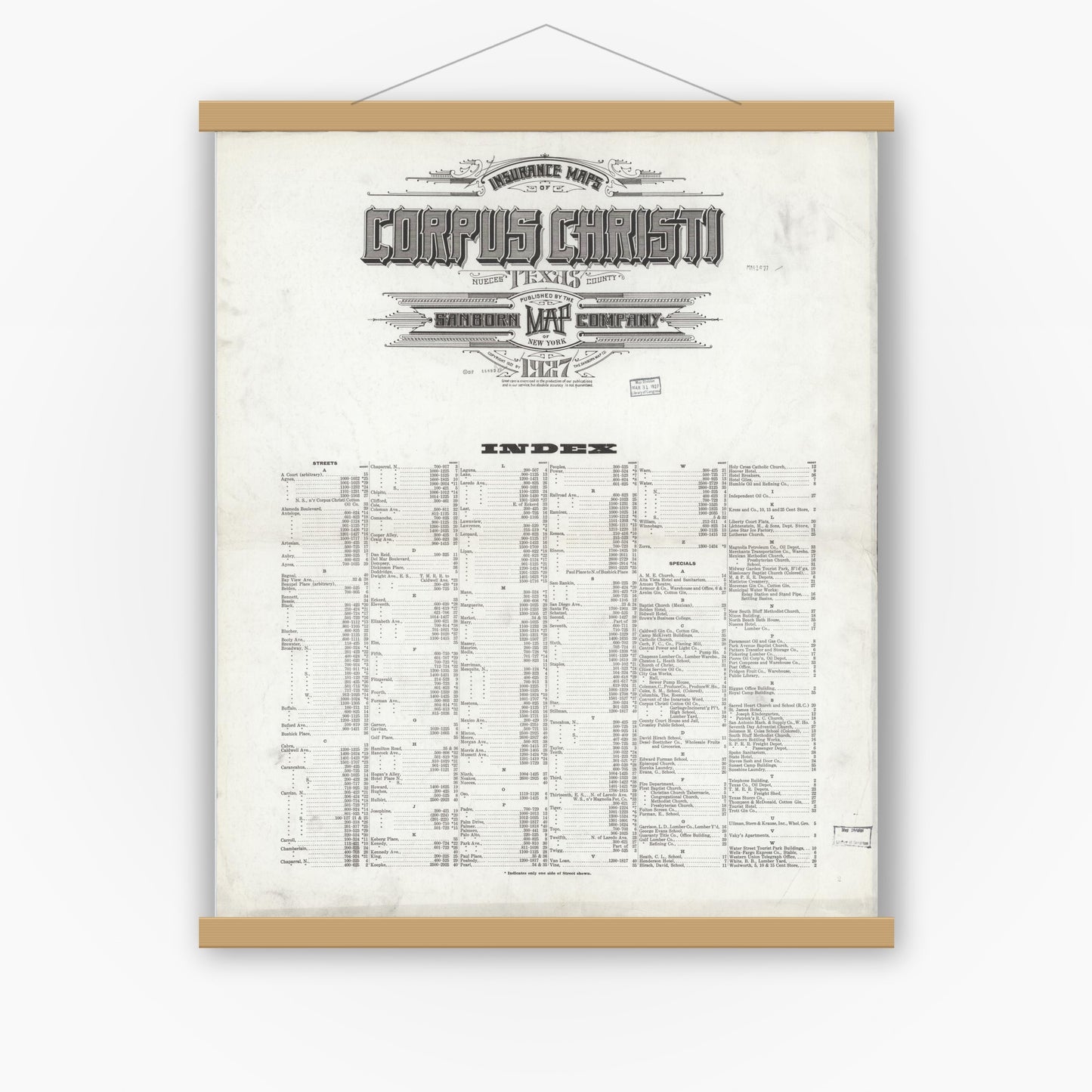 Old map wall art mockup — magnetic wood frame on white wall — Sanborn Fire Insurance Map from Corpus Christi, Nueces County, Texas (1927), Sheet #0001
