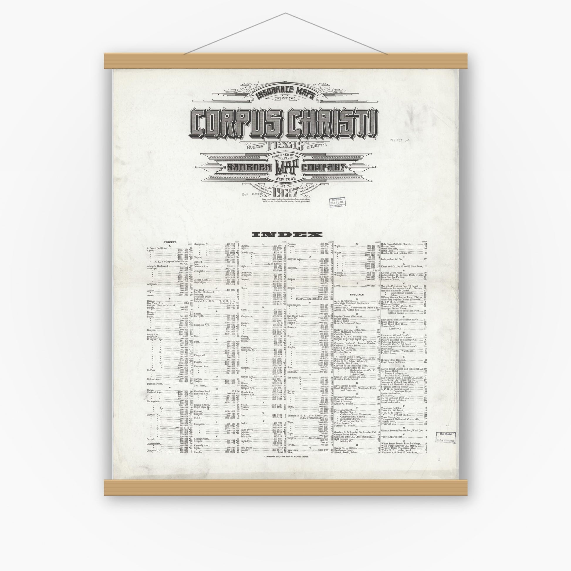 Old map wall art mockup — magnetic wood frame on white wall — Sanborn Fire Insurance Map from Corpus Christi, Nueces County, Texas (1927), Sheet #0001