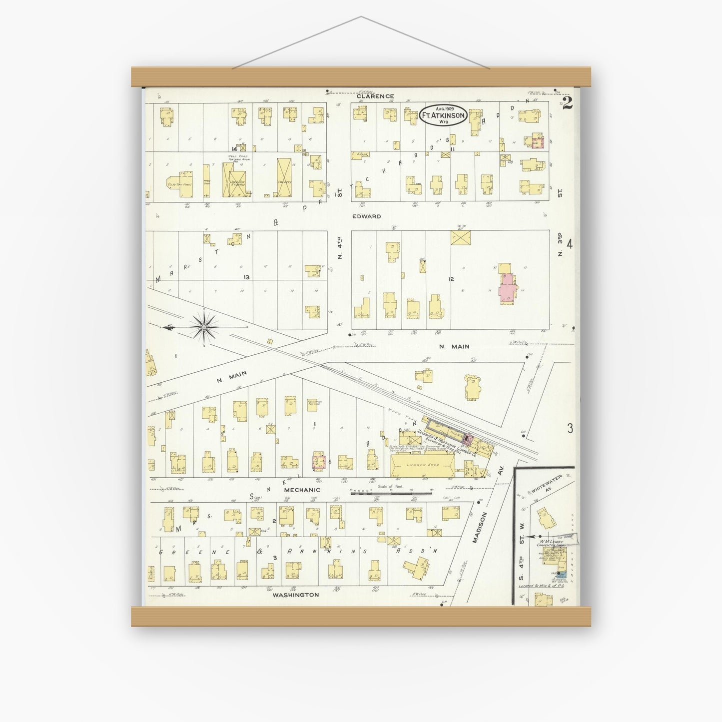 Old map wall art mockup — magnetic wood frame on white wall — Sanborn Fire Insurance Map from Fort Atkinson, Jefferson County, Wisconsin (1909), Sheet #0002