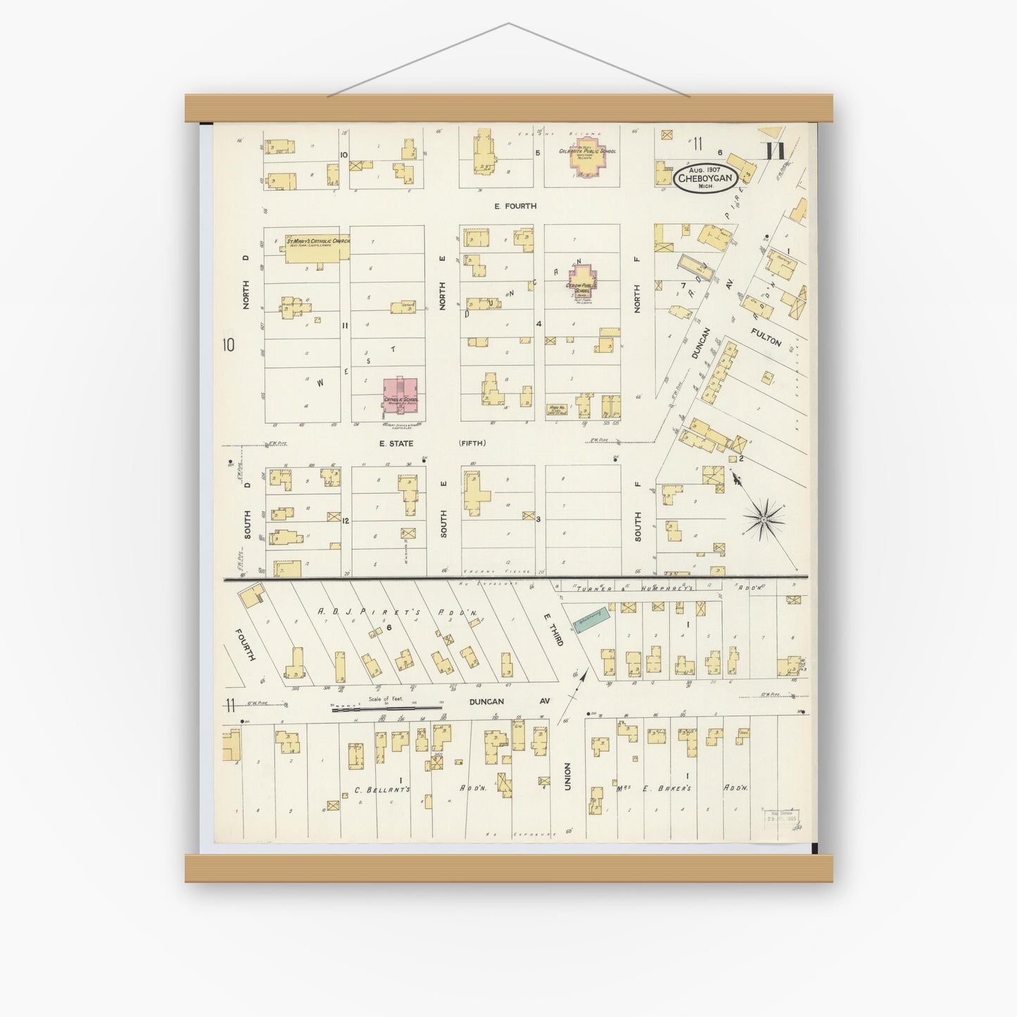 Old map wall art mockup — magnetic wood frame on white wall — Sanborn Fire Insurance Map from Cheboygan, Cheboygan County, Michigan (1907), Sheet #0011