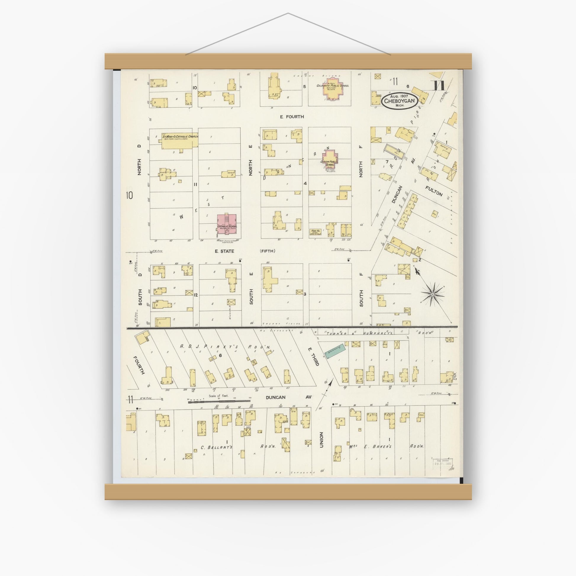 Old map wall art mockup — magnetic wood frame on white wall — Sanborn Fire Insurance Map from Cheboygan, Cheboygan County, Michigan (1907), Sheet #0011