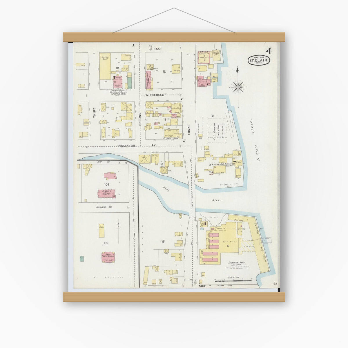Old map wall art mockup — magnetic wood frame on white wall — Sanborn Fire Insurance Map from Saint Clair, Saint Clair County, Michigan (1895), Sheet #0004