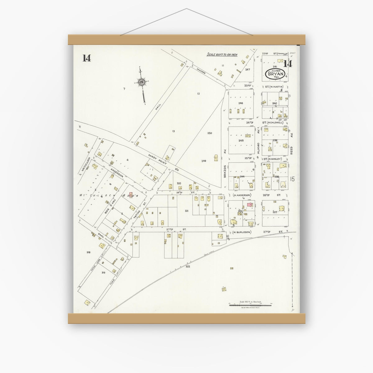 Old map wall art mockup — magnetic wood frame on white wall — Sanborn Fire Insurance Map from Bryan, Brazos County, Texas (1925), Sheet #0014