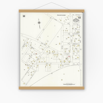 Old map wall art mockup — magnetic wood frame on white wall — Sanborn Fire Insurance Map from Bryan, Brazos County, Texas (1925), Sheet #0014