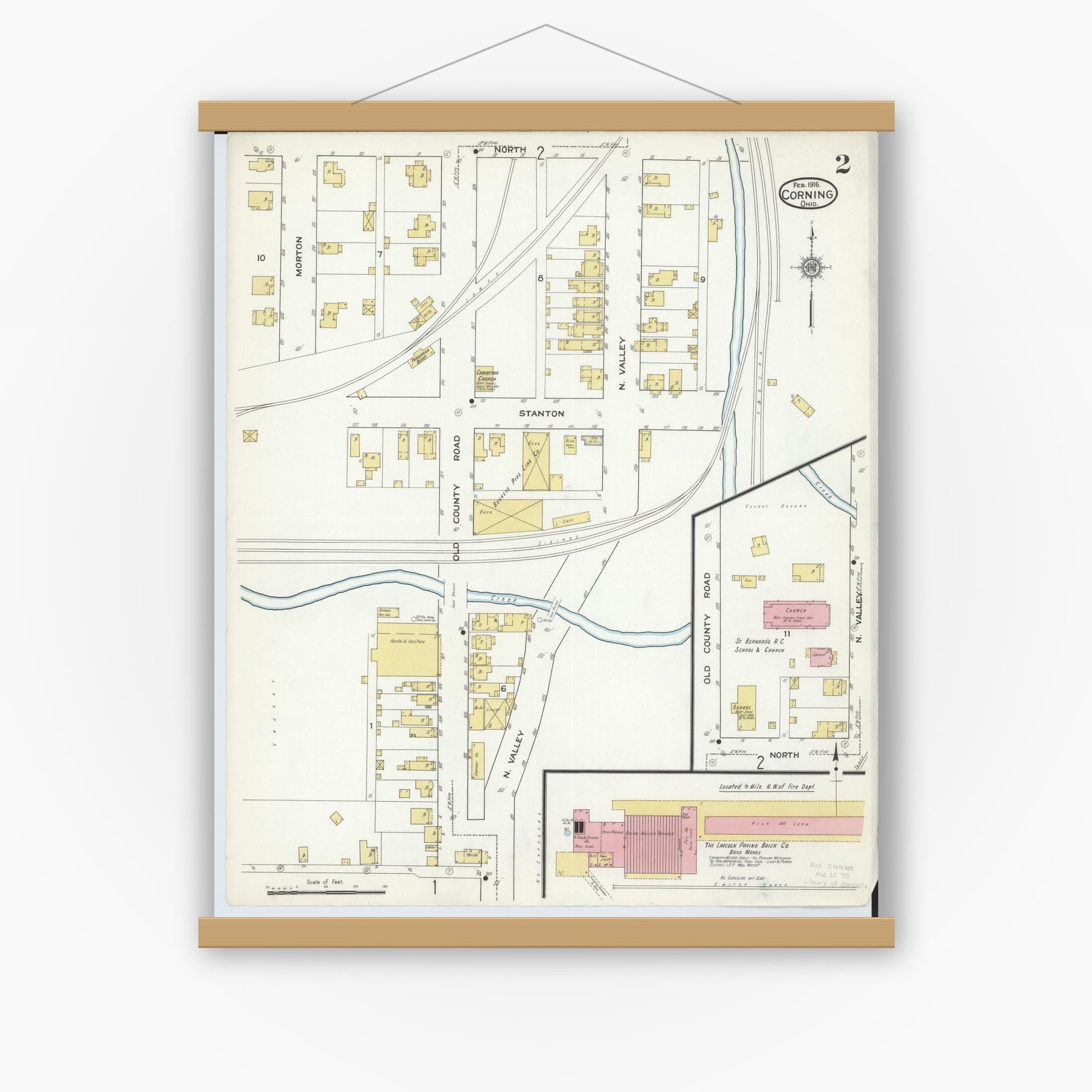Old map wall art mockup — magnetic wood frame on white wall — Sanborn Fire Insurance Map from Corning, Perry County, Ohio (1916), Sheet #0002
