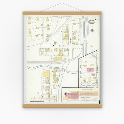 Old map wall art mockup — magnetic wood frame on white wall — Sanborn Fire Insurance Map from Corning, Perry County, Ohio (1916), Sheet #0002