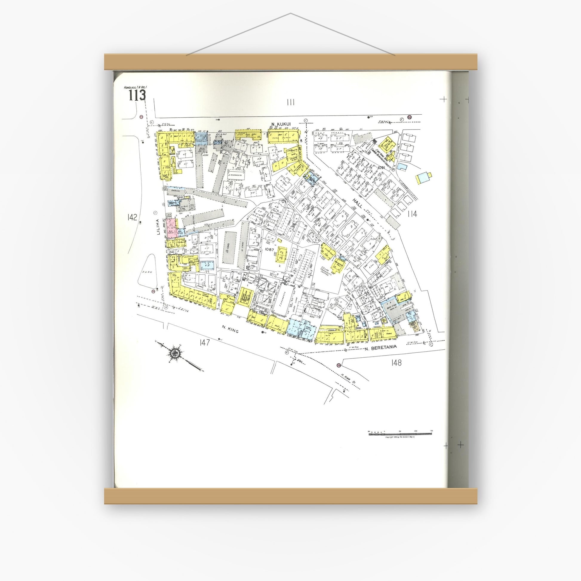 Old map wall art mockup — magnetic wood frame on white wall — Sanborn Fire Insurance Map from Honolulu, Oahu County, Hawaii (1955), Sheet #0113