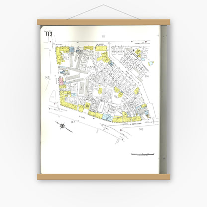 Old map wall art mockup — magnetic wood frame on white wall — Sanborn Fire Insurance Map from Honolulu, Oahu County, Hawaii (1955), Sheet #0113