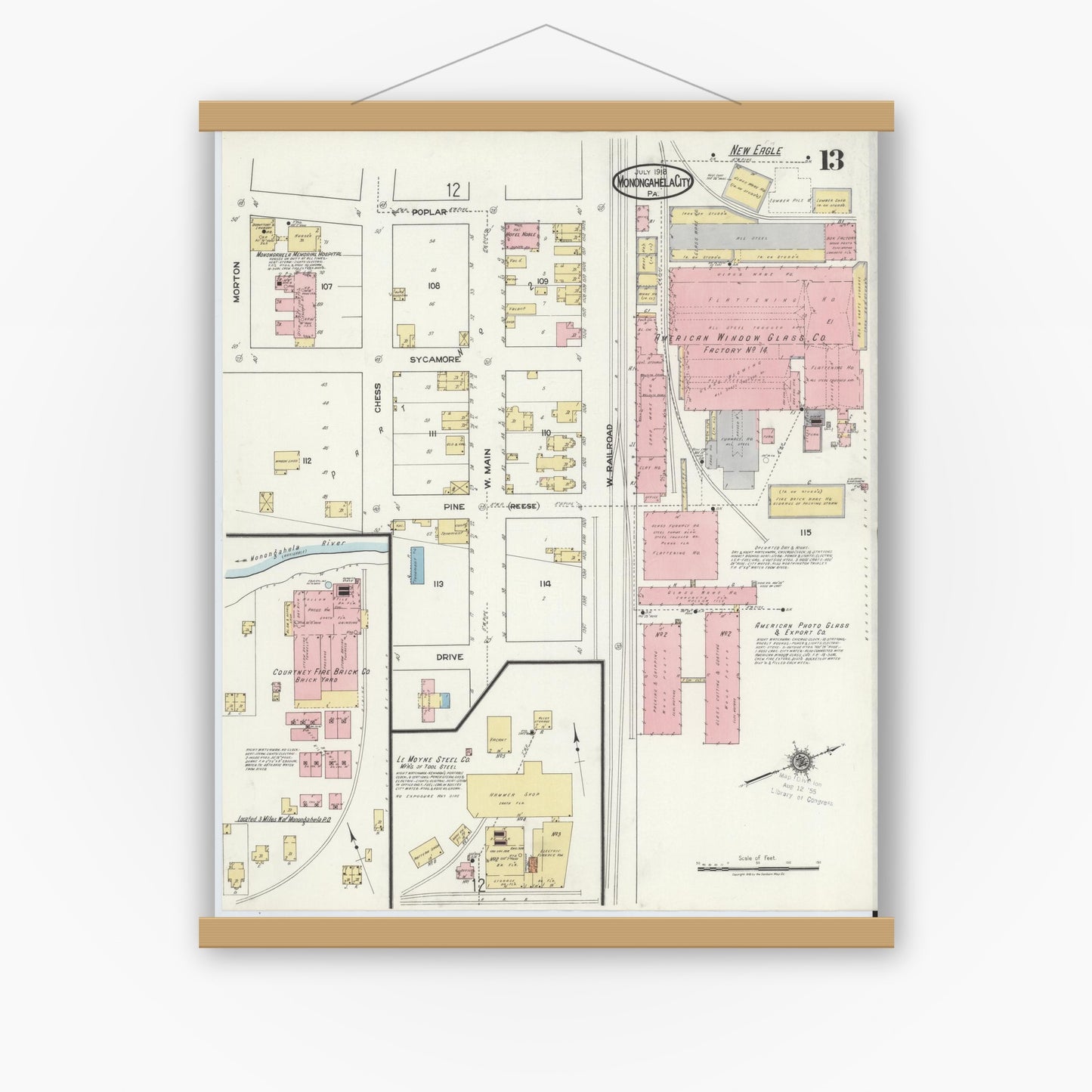 Old map wall art mockup — magnetic wood frame on white wall — Sanborn Fire Insurance Map from Monongahela City, Washington County, Pennsylvania (1918), Sheet #0013