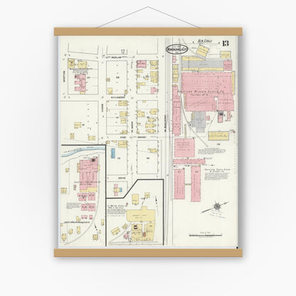 Old map wall art mockup — magnetic wood frame on white wall — Sanborn Fire Insurance Map from Monongahela City, Washington County, Pennsylvania (1918), Sheet #0013