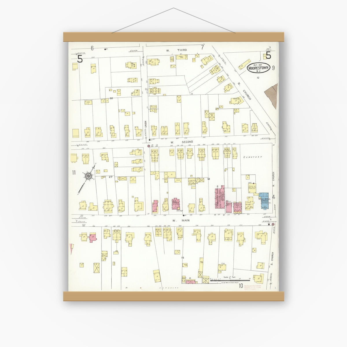 Old map wall art mockup — magnetic wood frame on white wall — Sanborn Fire Insurance Map from Moorestown, Burlington County, New Jersey (1923), Sheet #0005