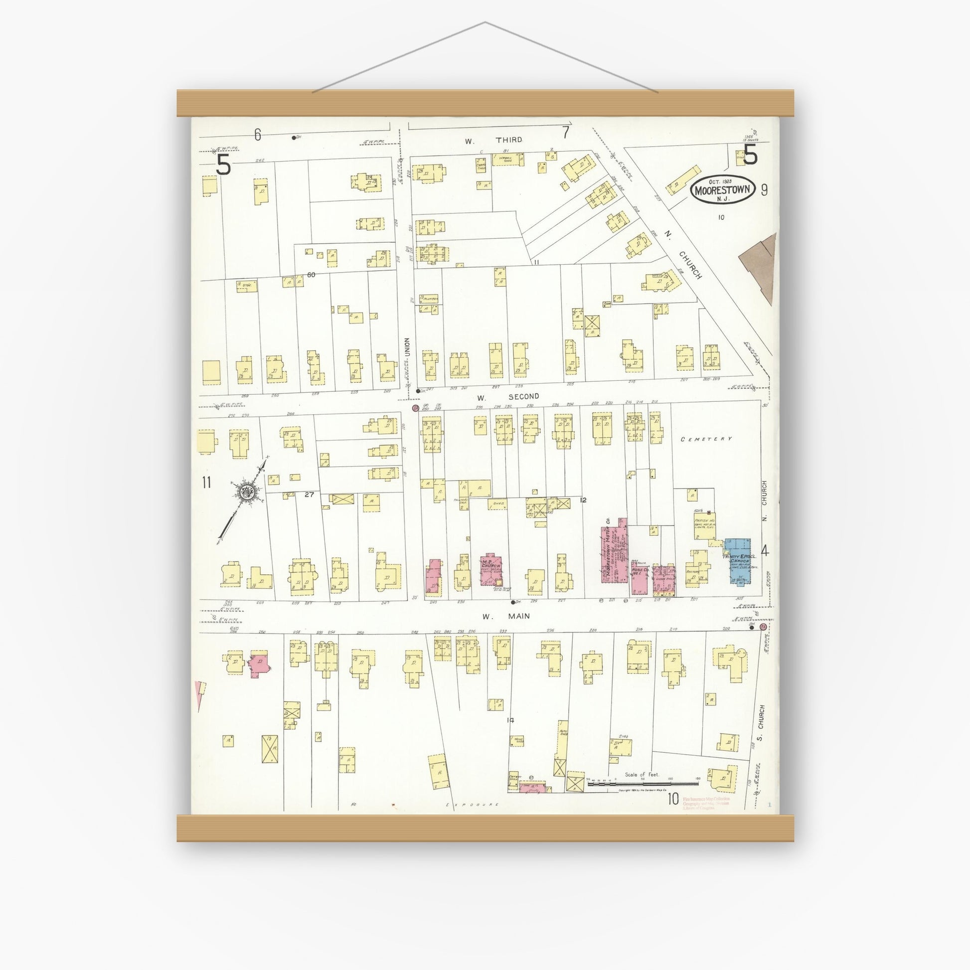 Old map wall art mockup — magnetic wood frame on white wall — Sanborn Fire Insurance Map from Moorestown, Burlington County, New Jersey (1923), Sheet #0005