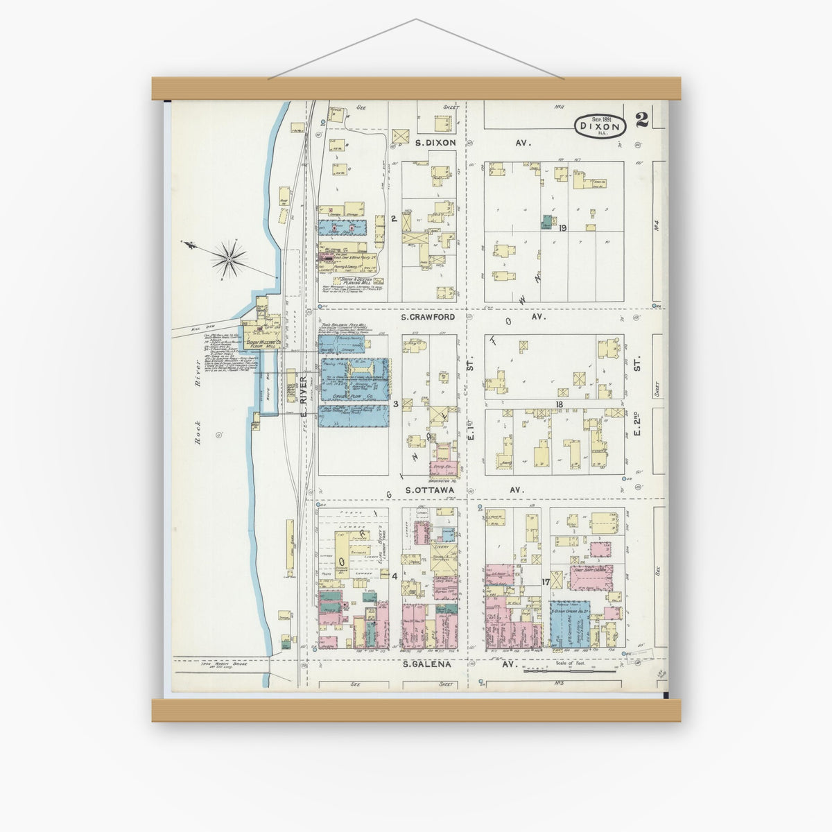Old map wall art mockup — magnetic wood frame on white wall — Sanborn Fire Insurance Map from Dixon, Lee County, Illinois (1891), Sheet #0002