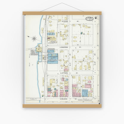 Old map wall art mockup — magnetic wood frame on white wall — Sanborn Fire Insurance Map from Dixon, Lee County, Illinois (1891), Sheet #0002